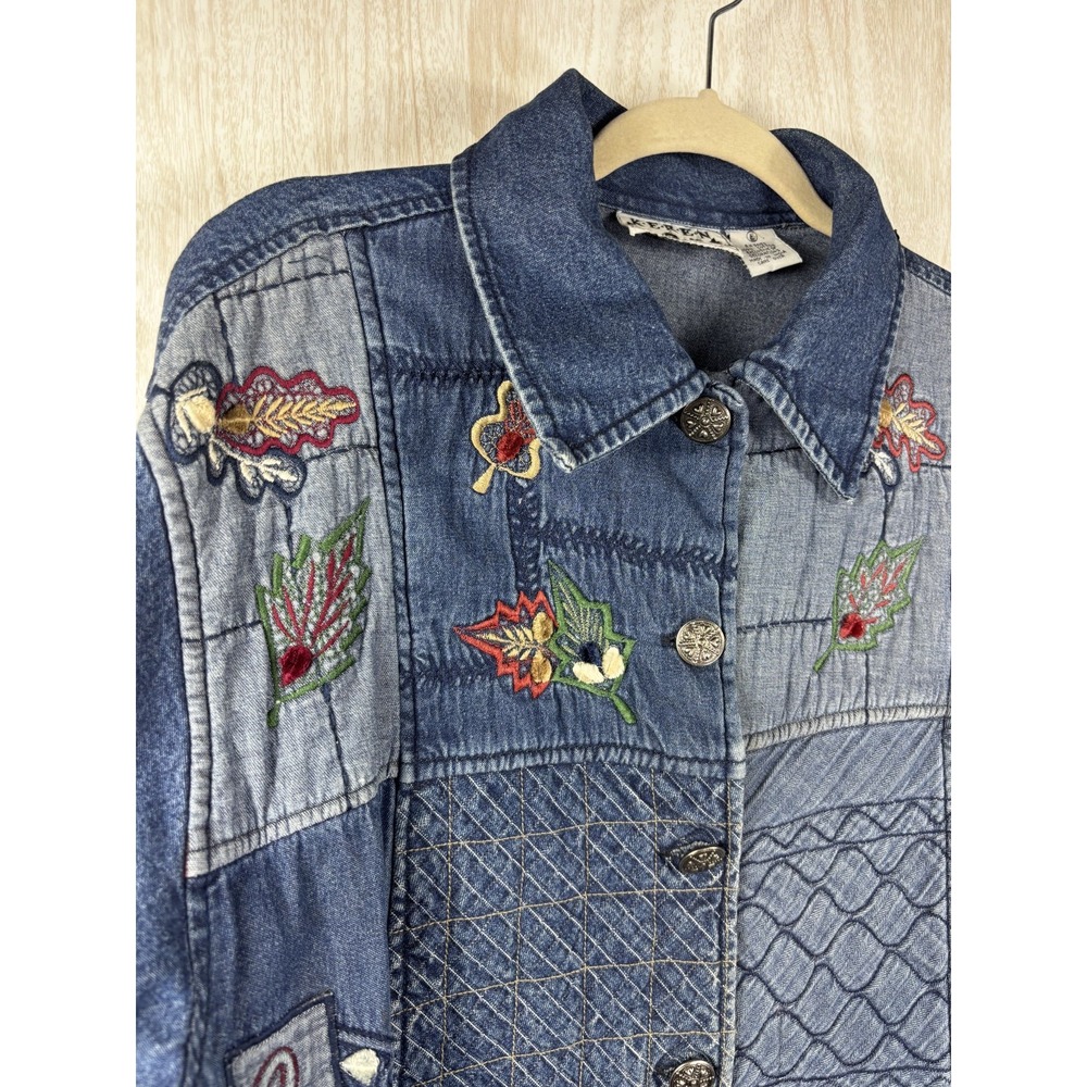 Keren Hart Denim Jacket L Patchwork Embroidered Boho Cottagecore Chic Casual - Picture 4 of 7